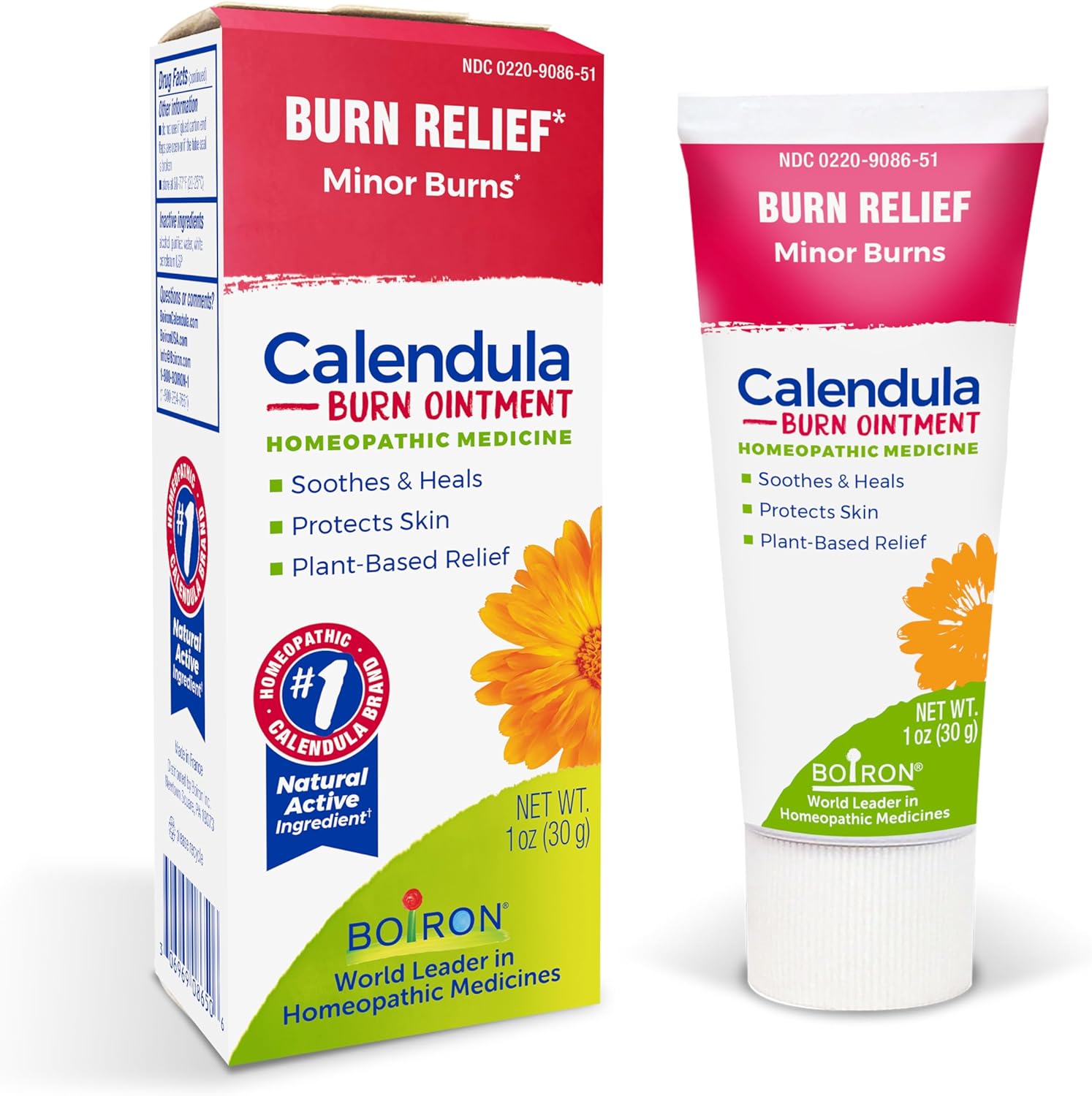Boiron Calendula Burn Ointment 1 Ounce tube and packaging for homeopathic burn relief.