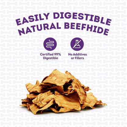 A dog enjoying the Treatly American sourced chicken flavor beefhide chip treat.