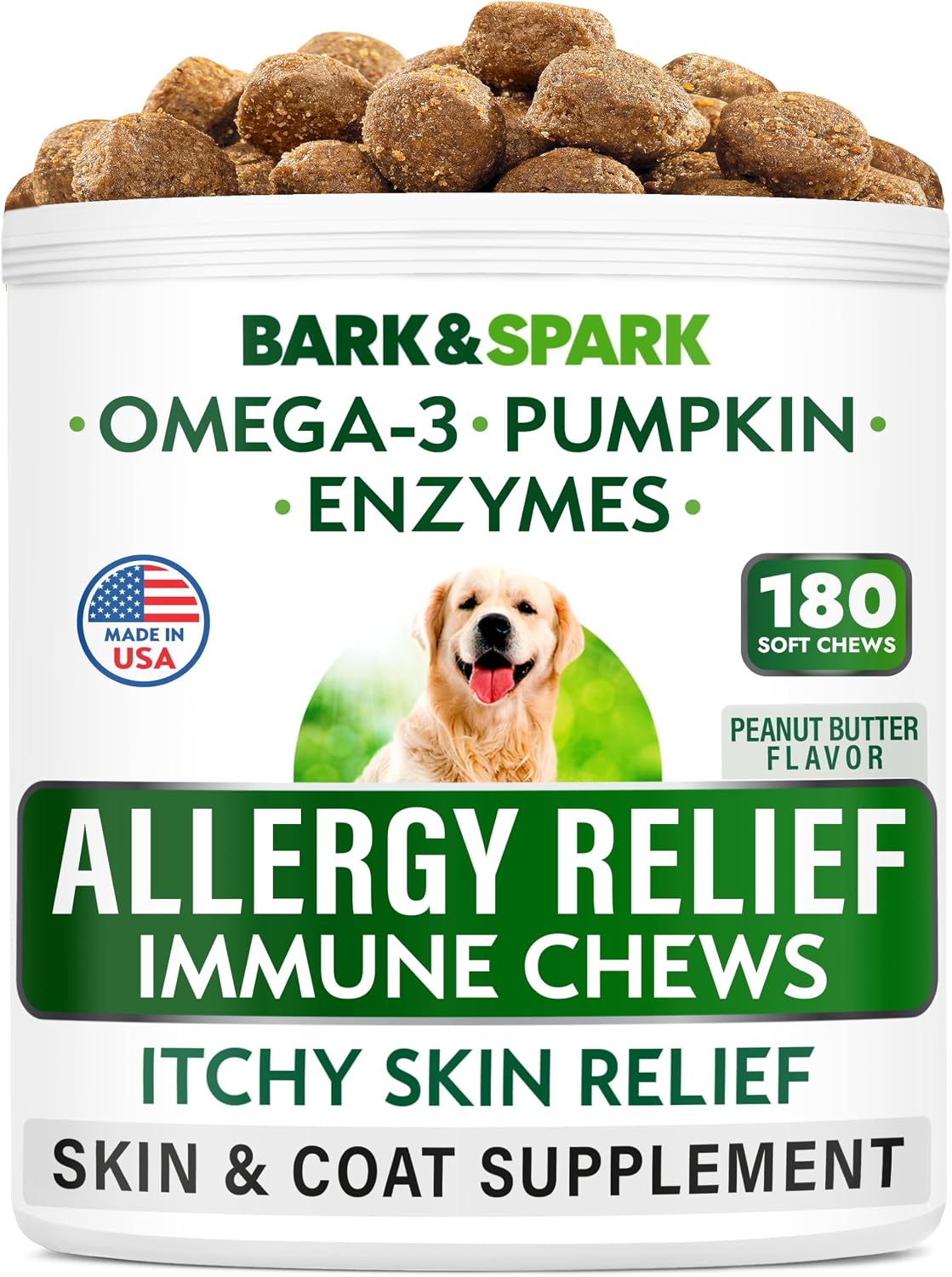 Bark&Spark authentic USA imported dog allergy immune supplement packaging on display