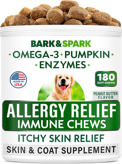 Bark&Spark authentic USA imported dog allergy immune supplement packaging on display
