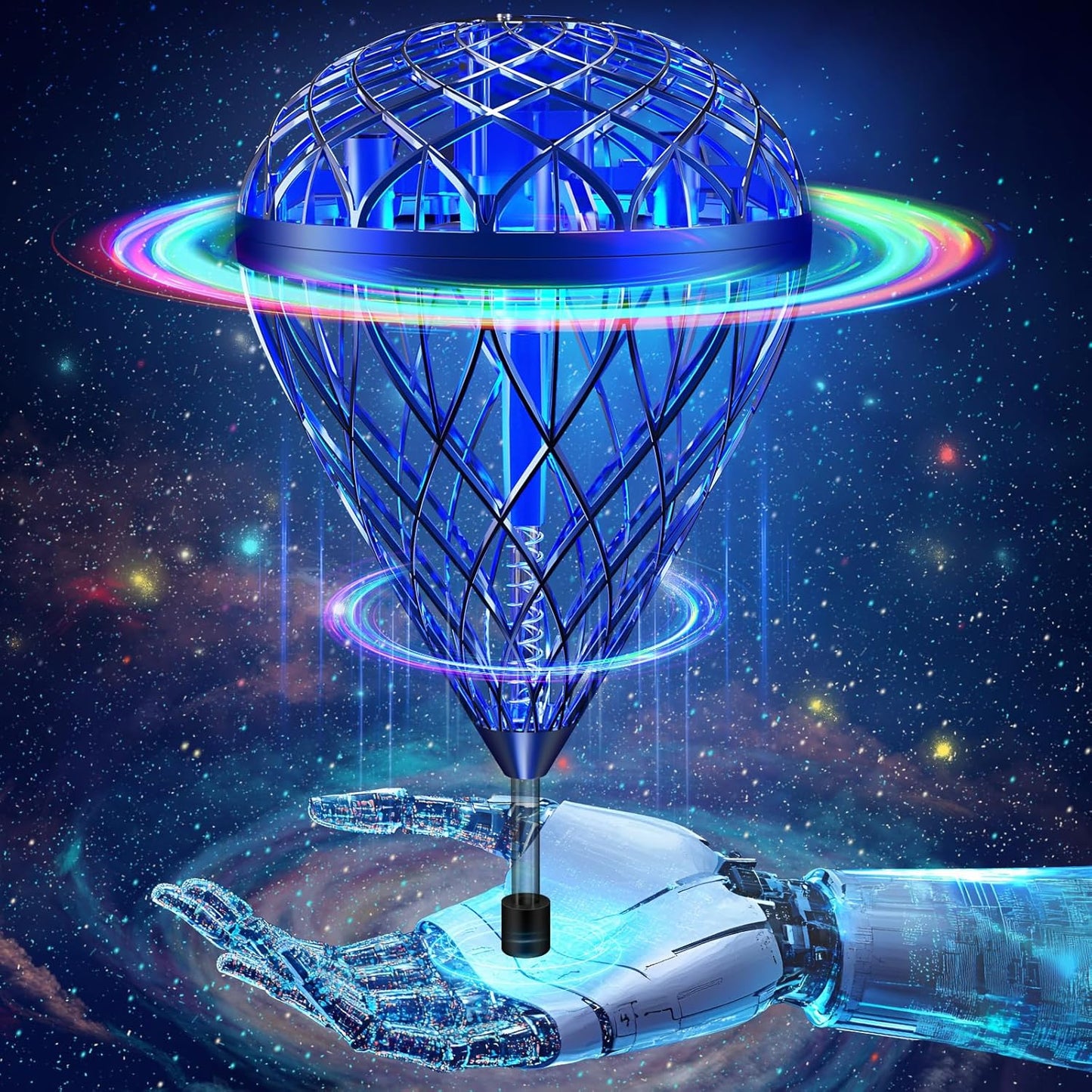 AMERFIST 2025 Cool Flying Shuttlecock Toy front view showcasing the protective cosmic orb design with vibrant RGB LED lights glowing.