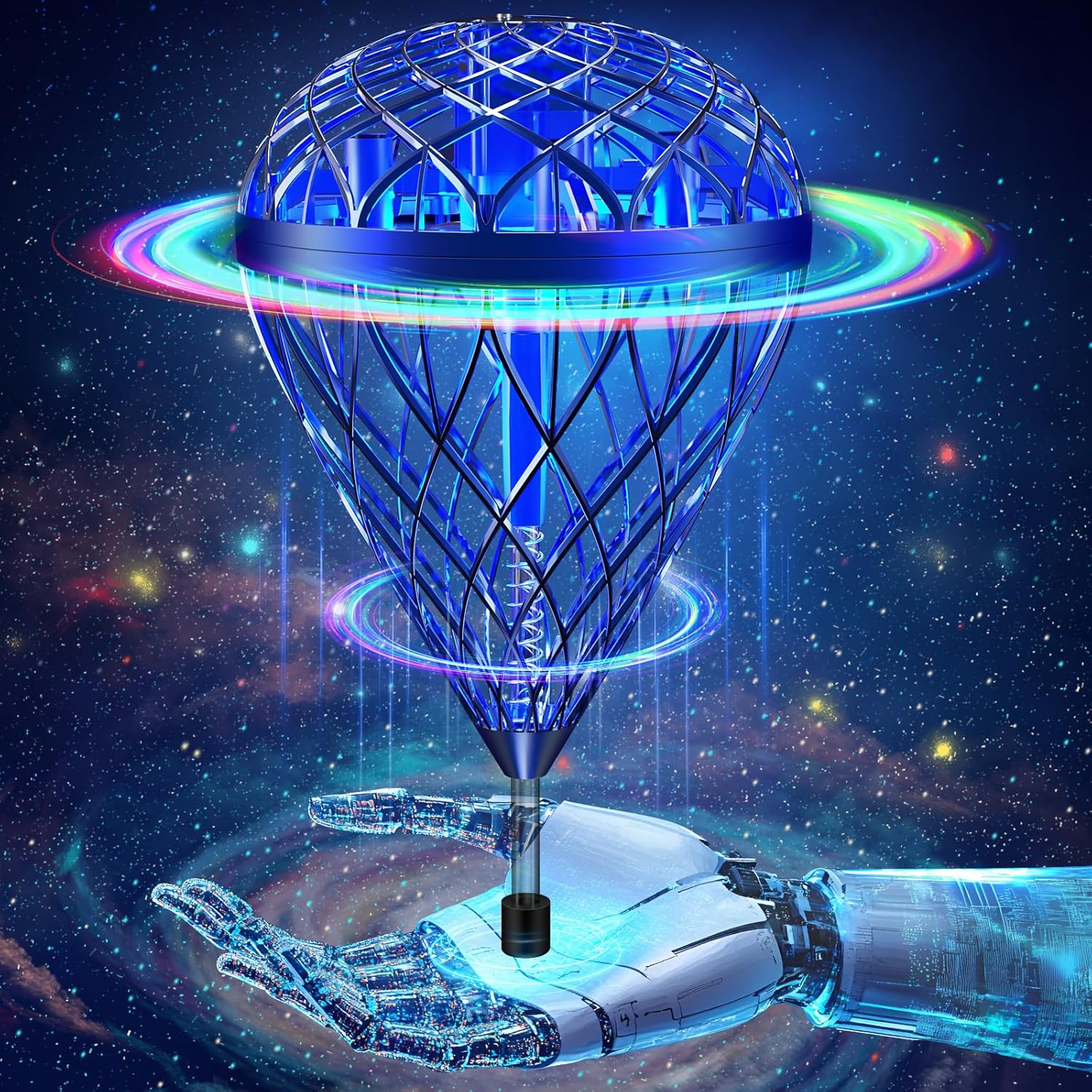 AMERFIST 2025 Cool Flying Shuttlecock Toy front view showcasing the protective cosmic orb design with vibrant RGB LED lights glowing.