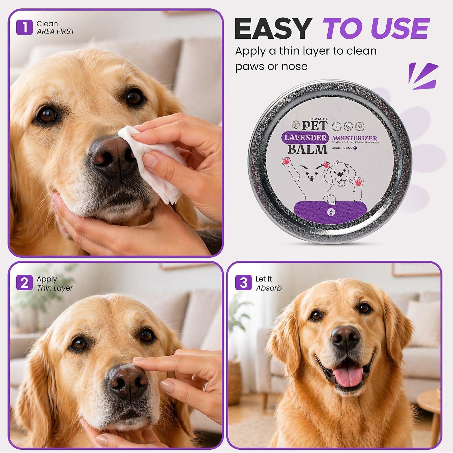 Pet Lavender Balm for Dogs & Cats Made in USA - Soothes Dry, Cracked Paws & Noses - Natural Paw & Nose Moisturizer with Healing Ingredients - Organic Dog Paw Pad Protector for Extreme Weather - Image 9