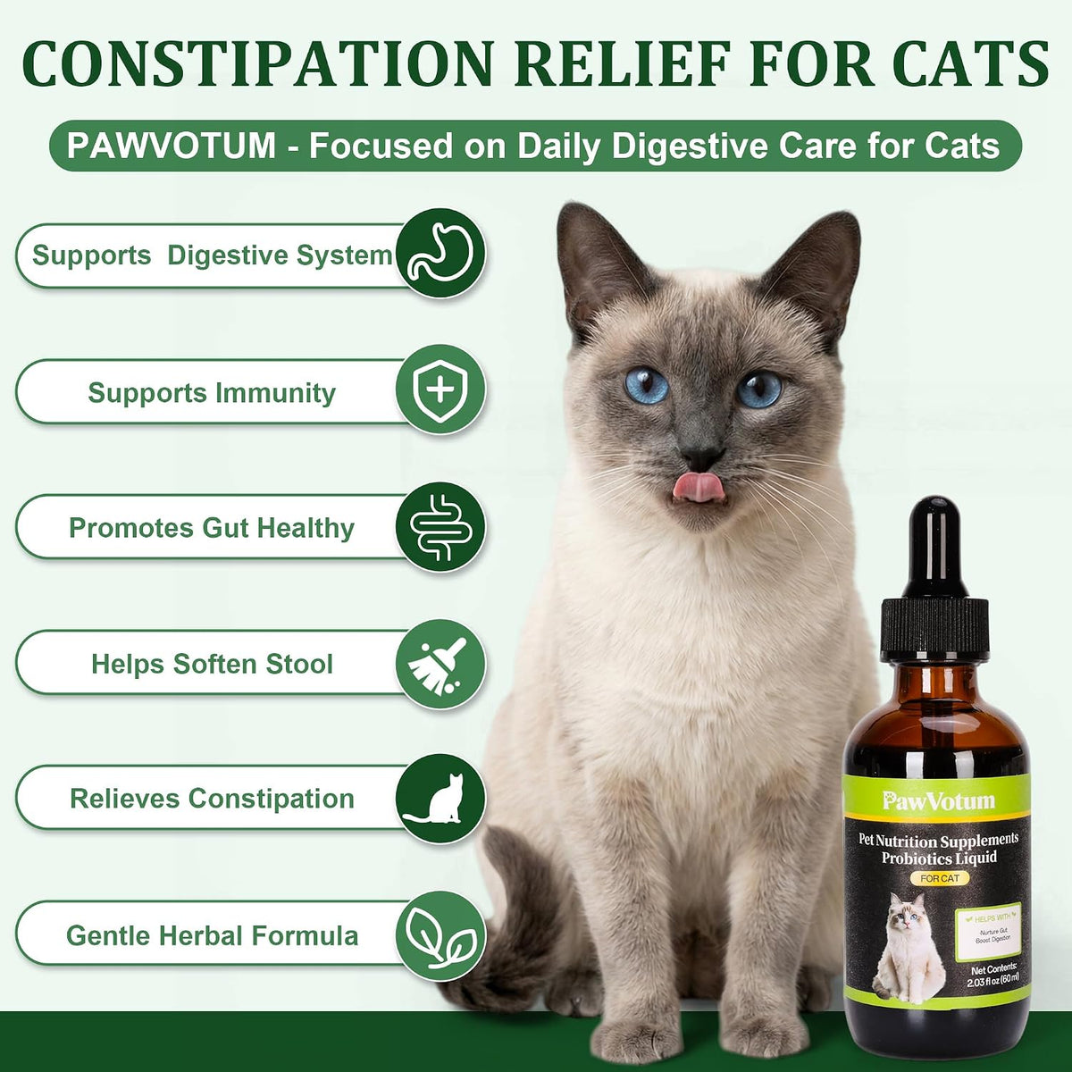 Natural cat laxative bottle displaying probiotic ingredients and directions for feline digestive health.