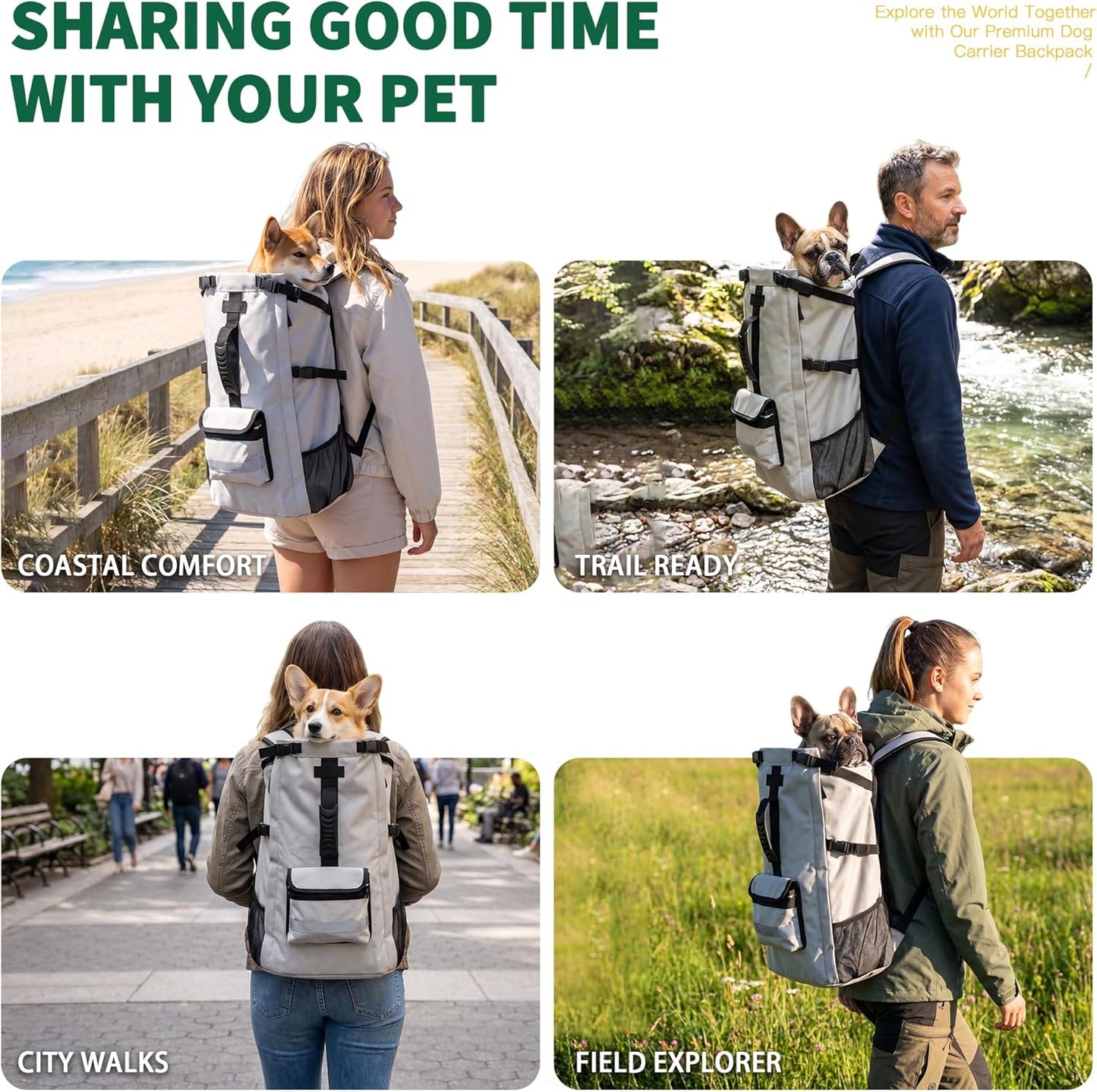 Aeegee dog travel carrier front pack packed and ready for outdoor cycling showing spacious thirty pounds capacity.