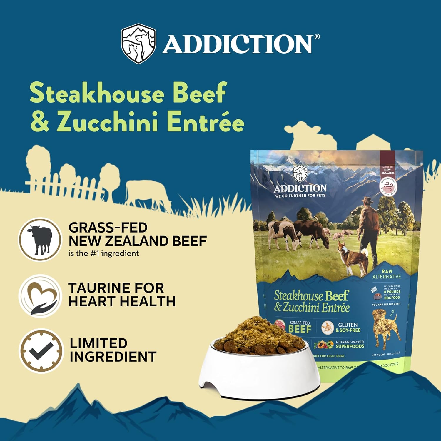 Addiction grain free raw alternative dog food bags showing packaging details