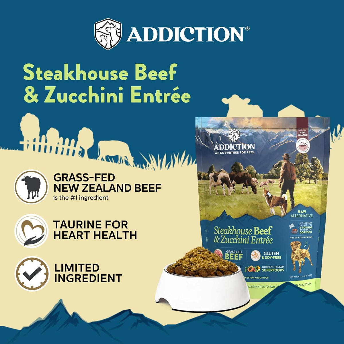 Addiction grain free raw alternative dog food bags showing packaging details