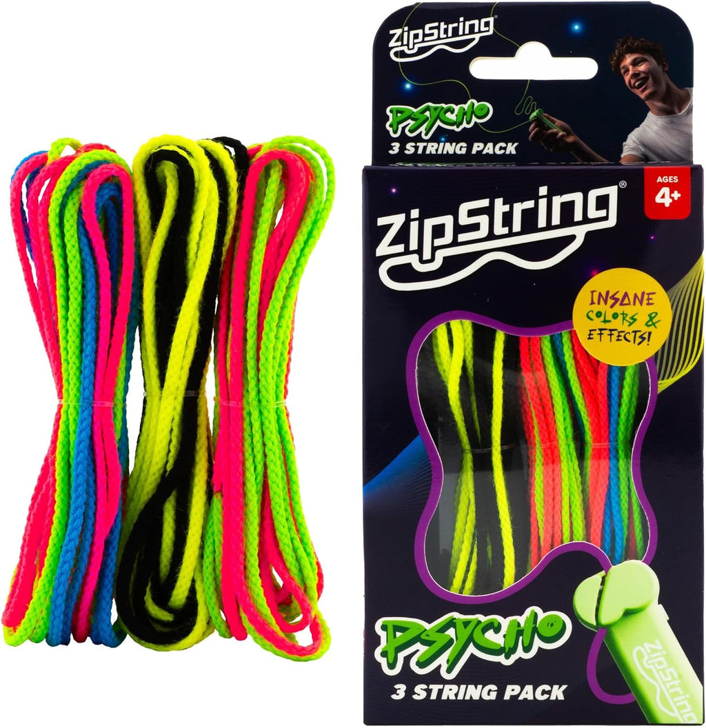 ZipString Psycho Strings replacement ropes front packaging view showing three vibrant neon colorways.