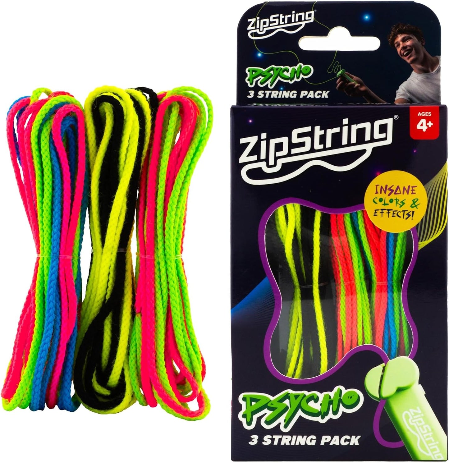 ZipString Psycho Strings replacement ropes front packaging view showing three vibrant neon colorways.