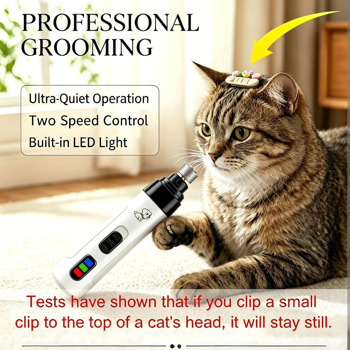 Low noise pet trimmer showcasing the three safety grinding ports for small animals.