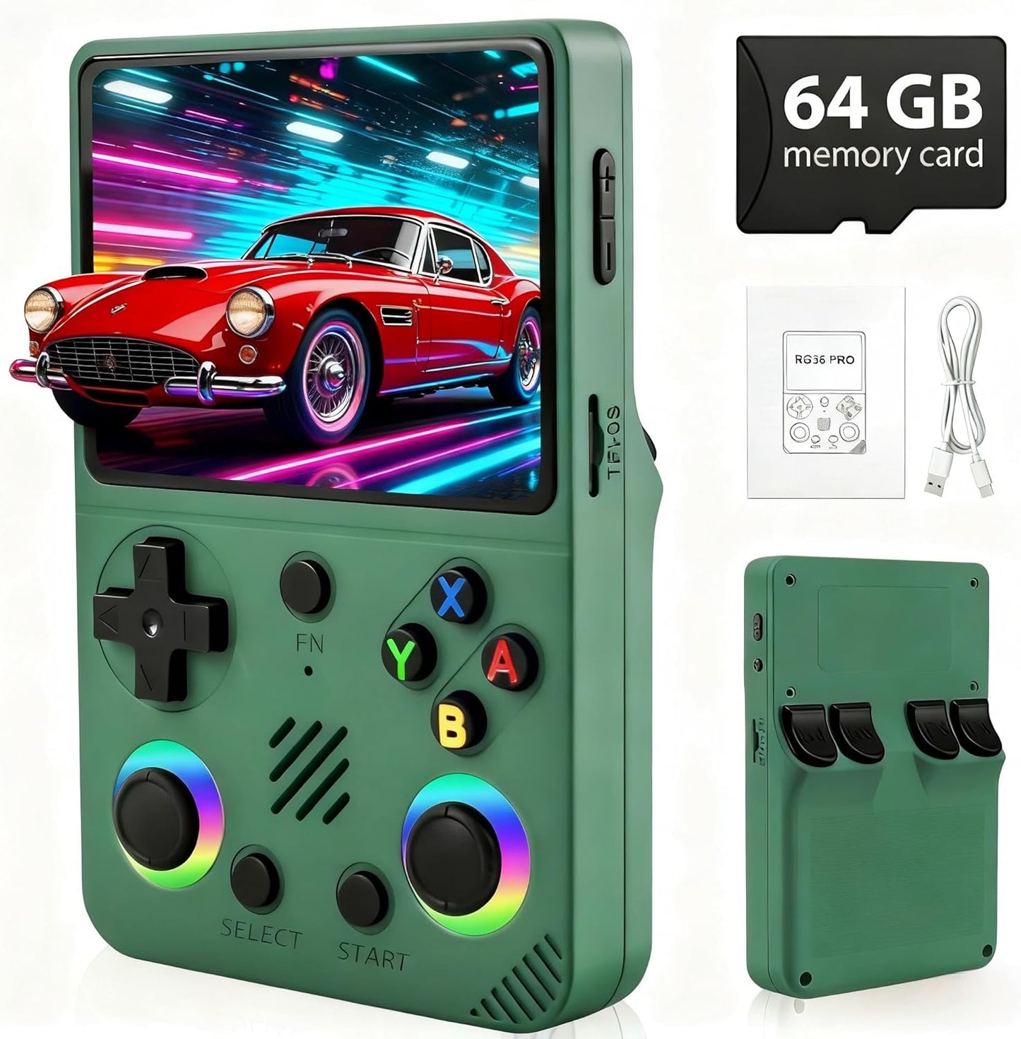 Rhesusco RG36PRO retro handheld game console in green front view