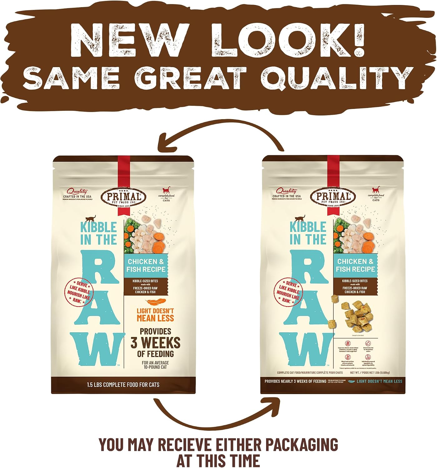 Primal Pet Foods freeze dried raw dry cat food bag back view with ingredients