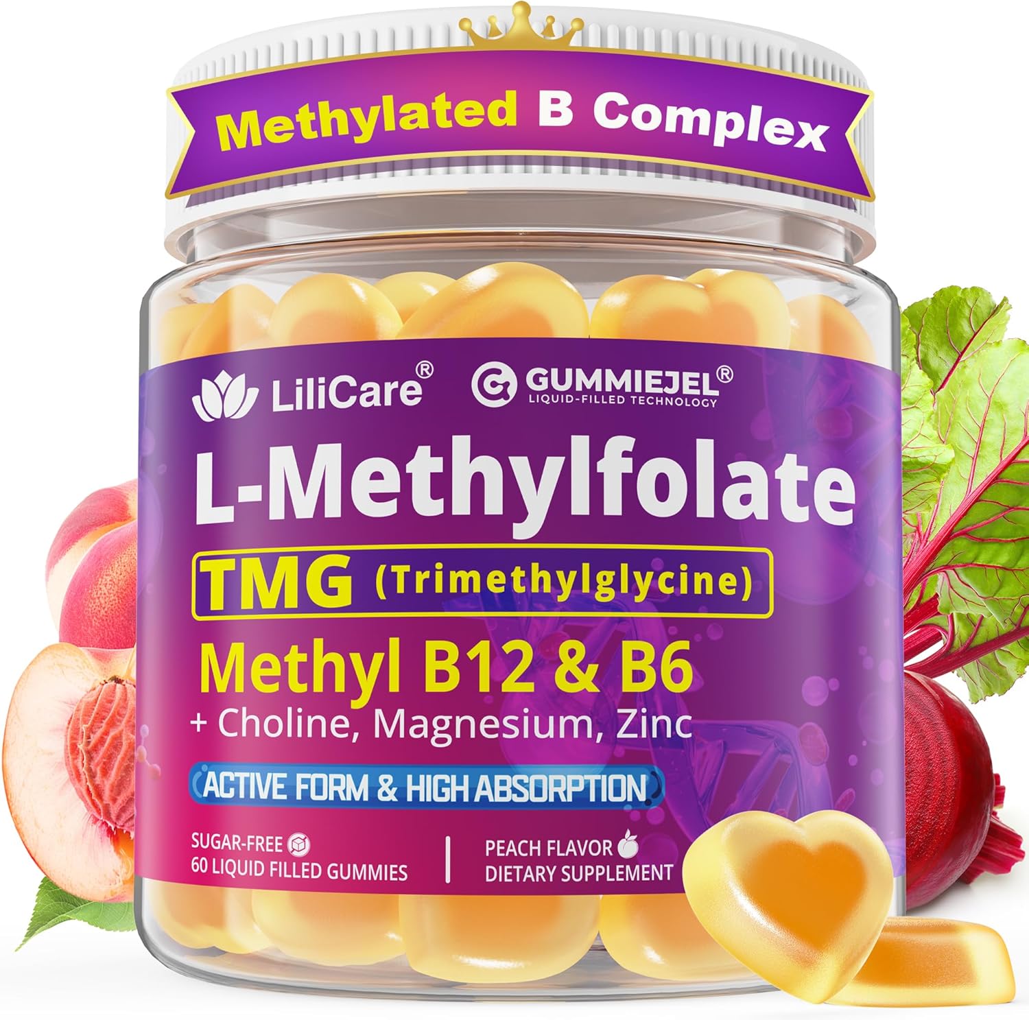LILICARE L-Methylfolate 15mg sugar free gummies front view container