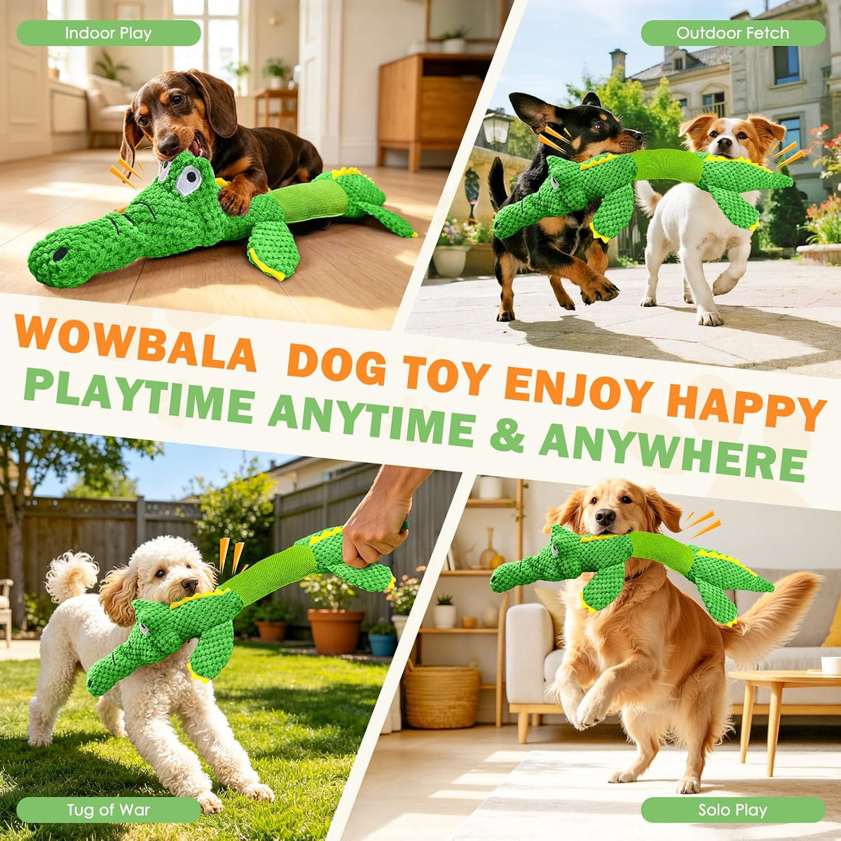 WOWBALA crocodile stuffed dog toy highlighting the internal squeaker location for mental stimulation.