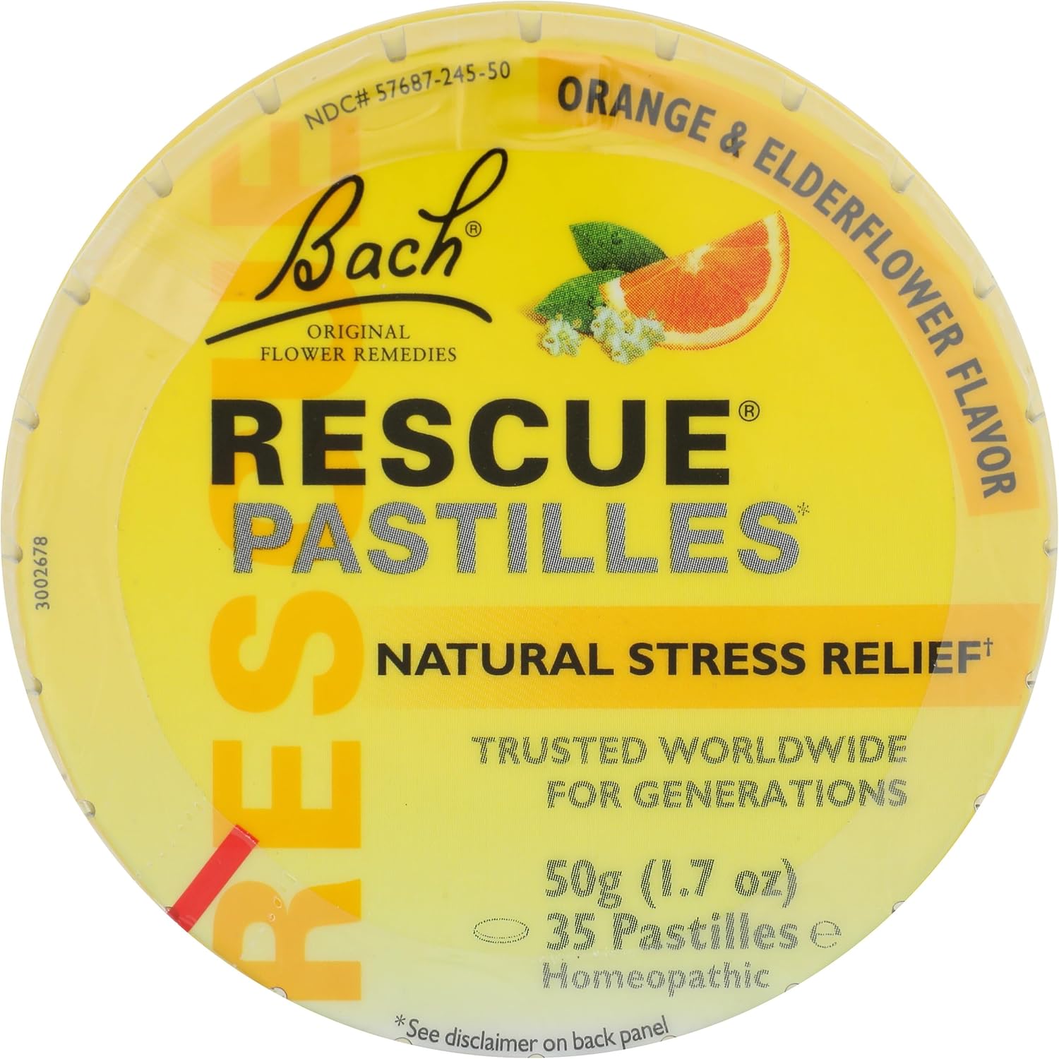 Bach Rescue Pastilles Orange and Elderflower tin front view for stress relief.