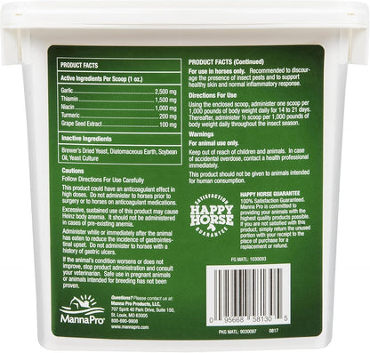 Manna Pro equine pest control feed showing ingredients list and nutritional breakdown labels