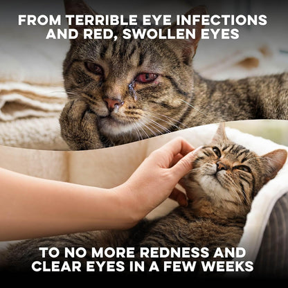 Authentic USA imported feline supplement container for soothing discharge and watery cat eyes.
