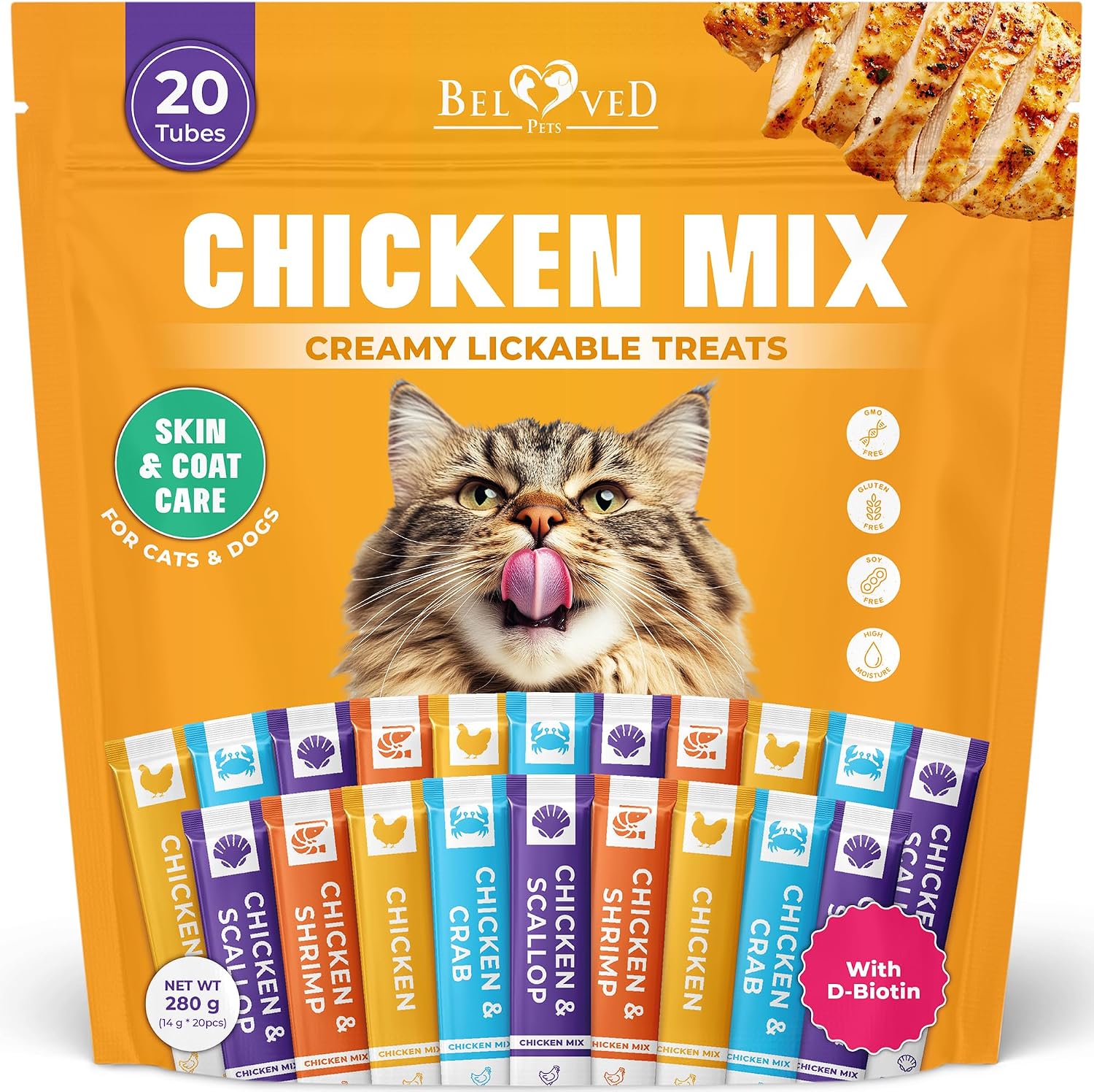 Beloved Pets Creamy Lickable Cat Treats & Wet Food Squeeze Tubes - Liquid Kitten Snacks, Skin & Coat Health, Multivitamin Treats for Cats, & Small Dogs, Lick Up Chicken Mix (40 Sticks) - Image 9