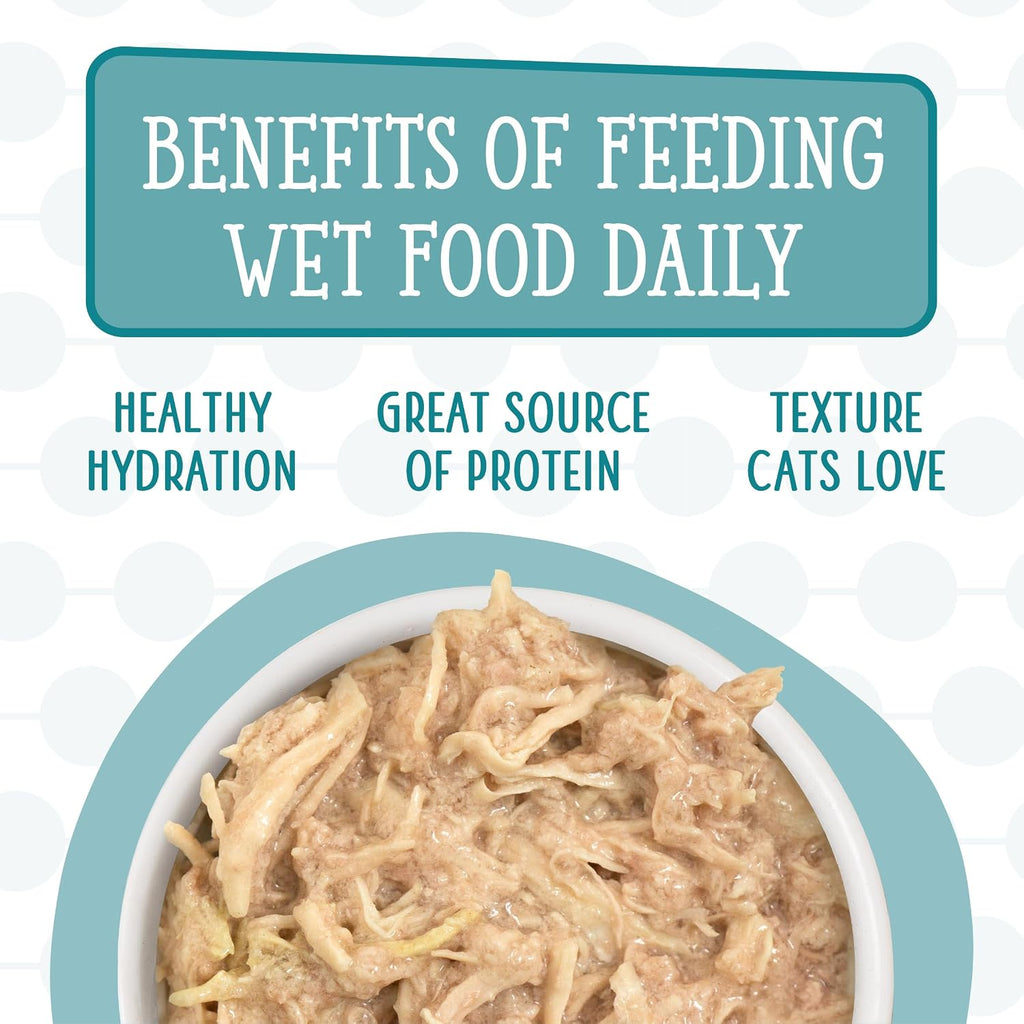 Textured gravy and real meat pieces visible in open Weruva cat food can