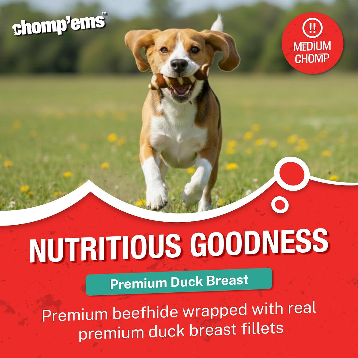 High protein grain free dog treats from Chomp'ems featuring premium imported beefhide.