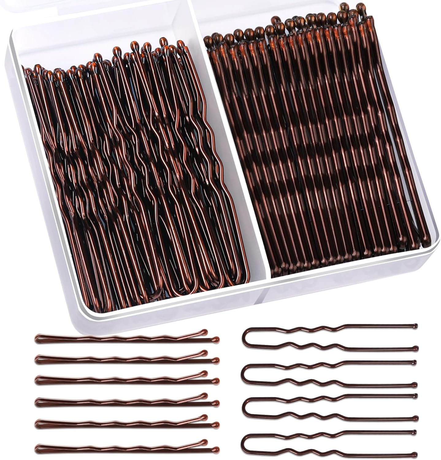 Teenitor brown bobby pins front view showing organized storage box