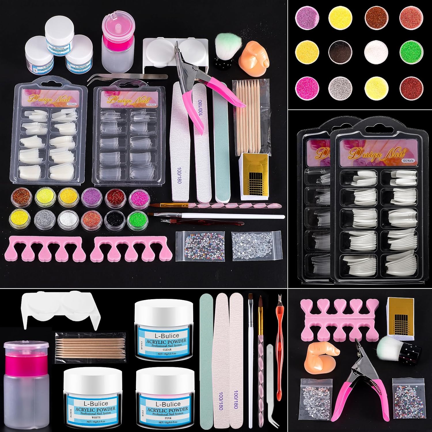 L-Bulice acrylic nail kit for beginners with professional tools and glitter powders