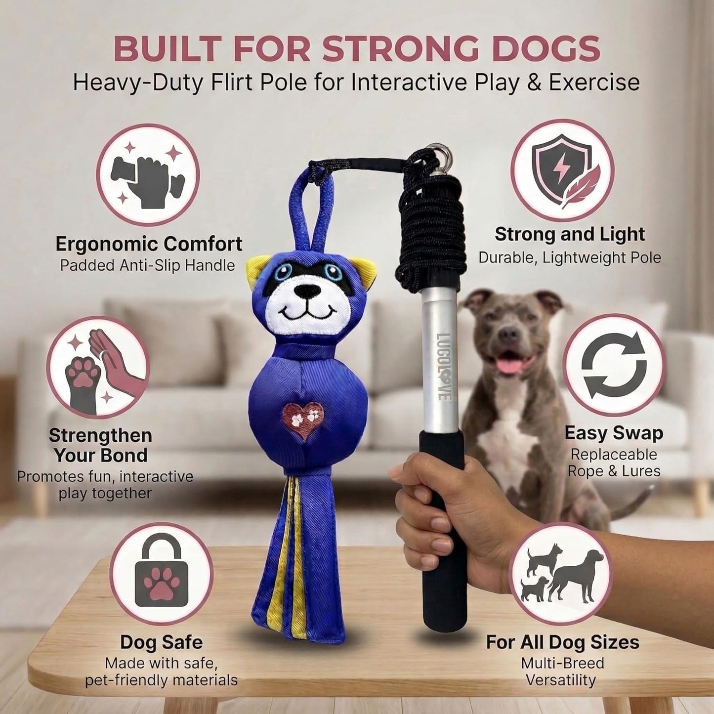 Heavy duty pet training wand featuring fifty nine inch non stretch cord for outdoor backyard play
