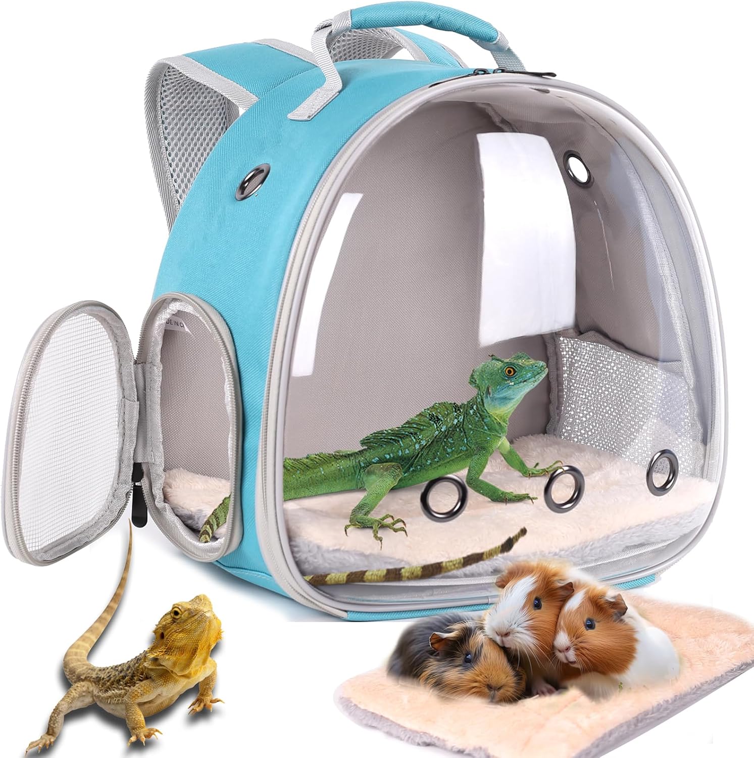 Bearded Dragon Travel Carrier Backpack,Lizard Backpack Carrier,Space Capsule Clear Bubble Window Astronaut Reptile Carrier Backpack for Guinea Pig,Sugar Glider,Bunny (Black, TPU Carrier+MAT) - Image 9