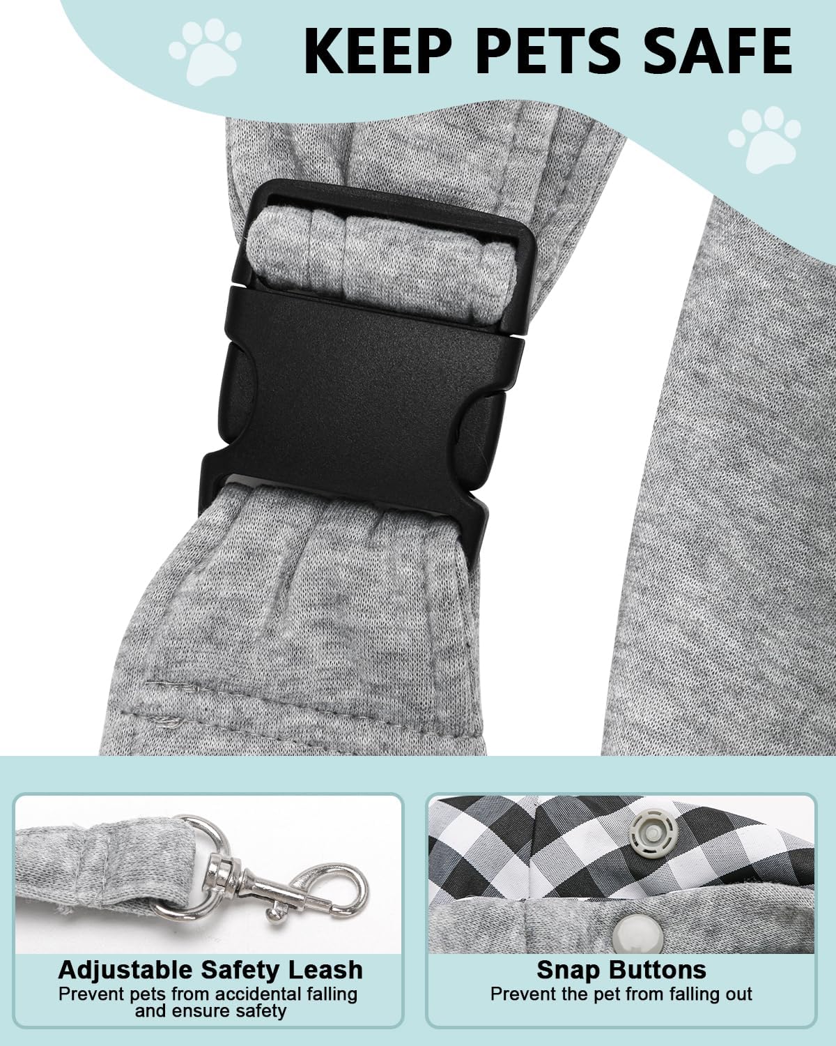 Gray pet travel sling showing secure safety harness latch