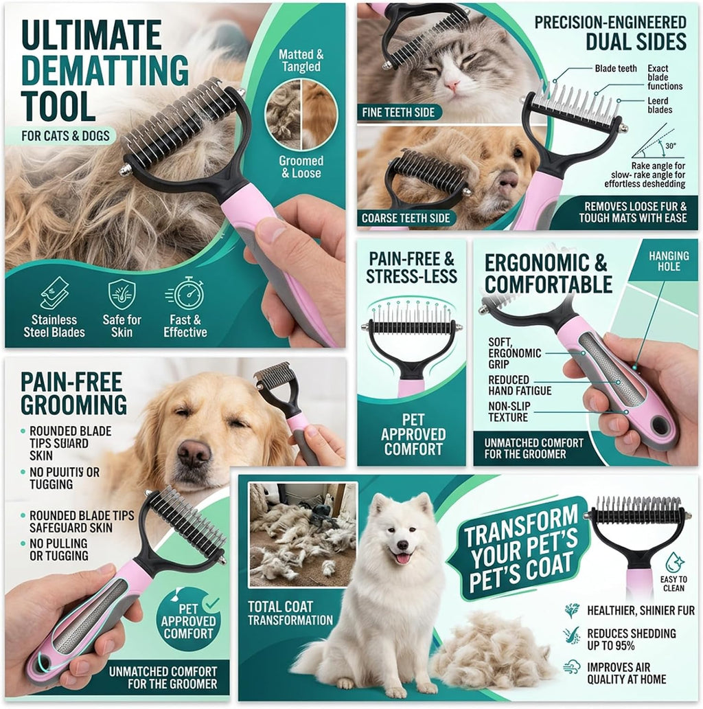 Pet grooming brush demonstrating deshedding side