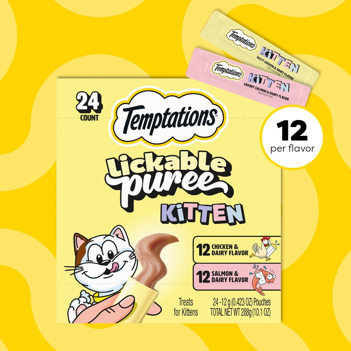 Variety pack of 24 Temptations lickable kitten treats for pet owners