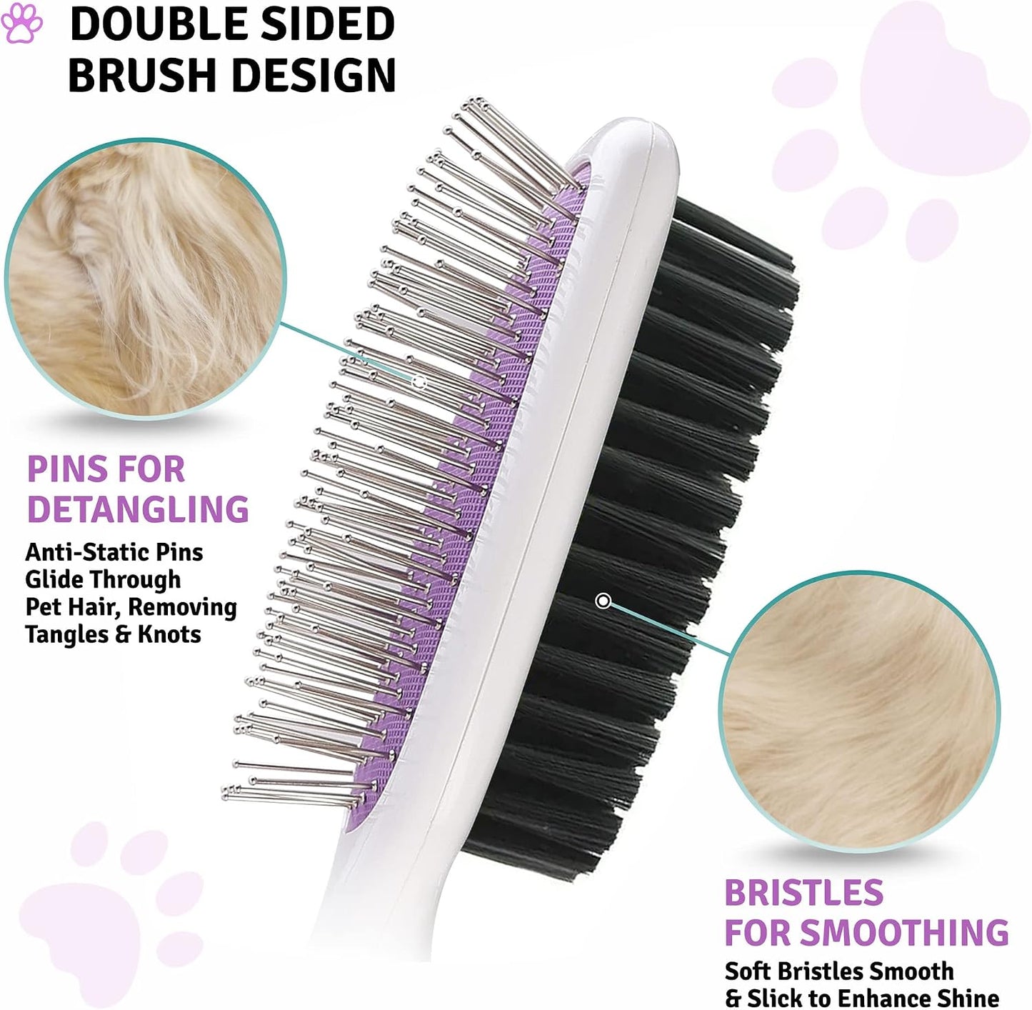 Poodlie pet grooming brush purple non slip ergonomic handle close up detail.