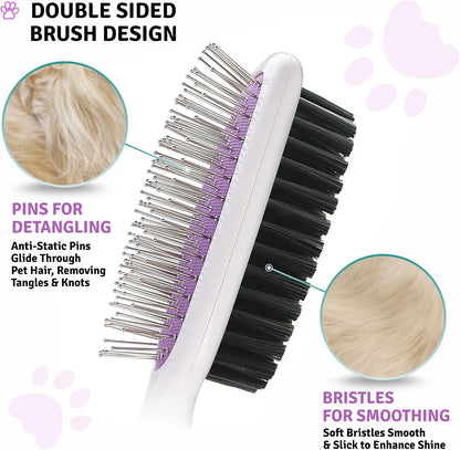 Poodlie pet grooming brush purple non slip ergonomic handle close up detail.