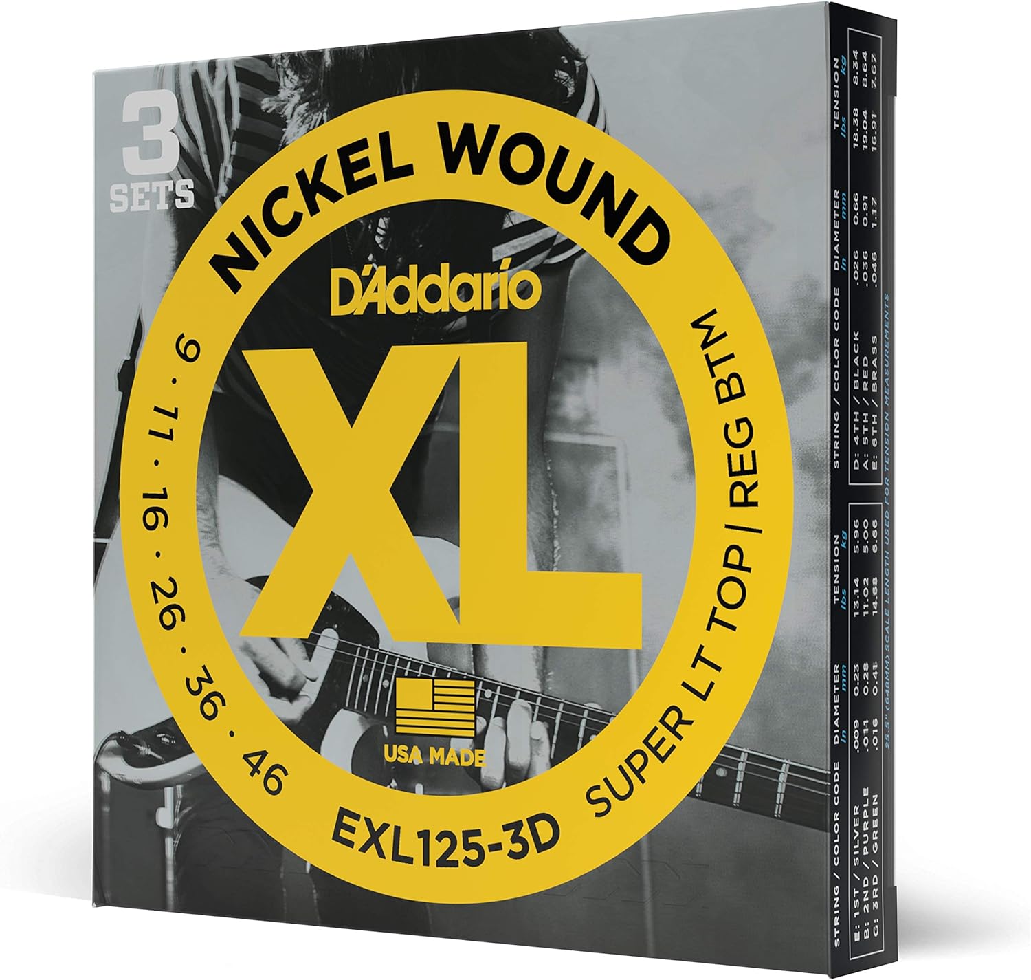 D'Addario EXL125-3D nickel wound electric guitar strings 3 pack front packaging view
