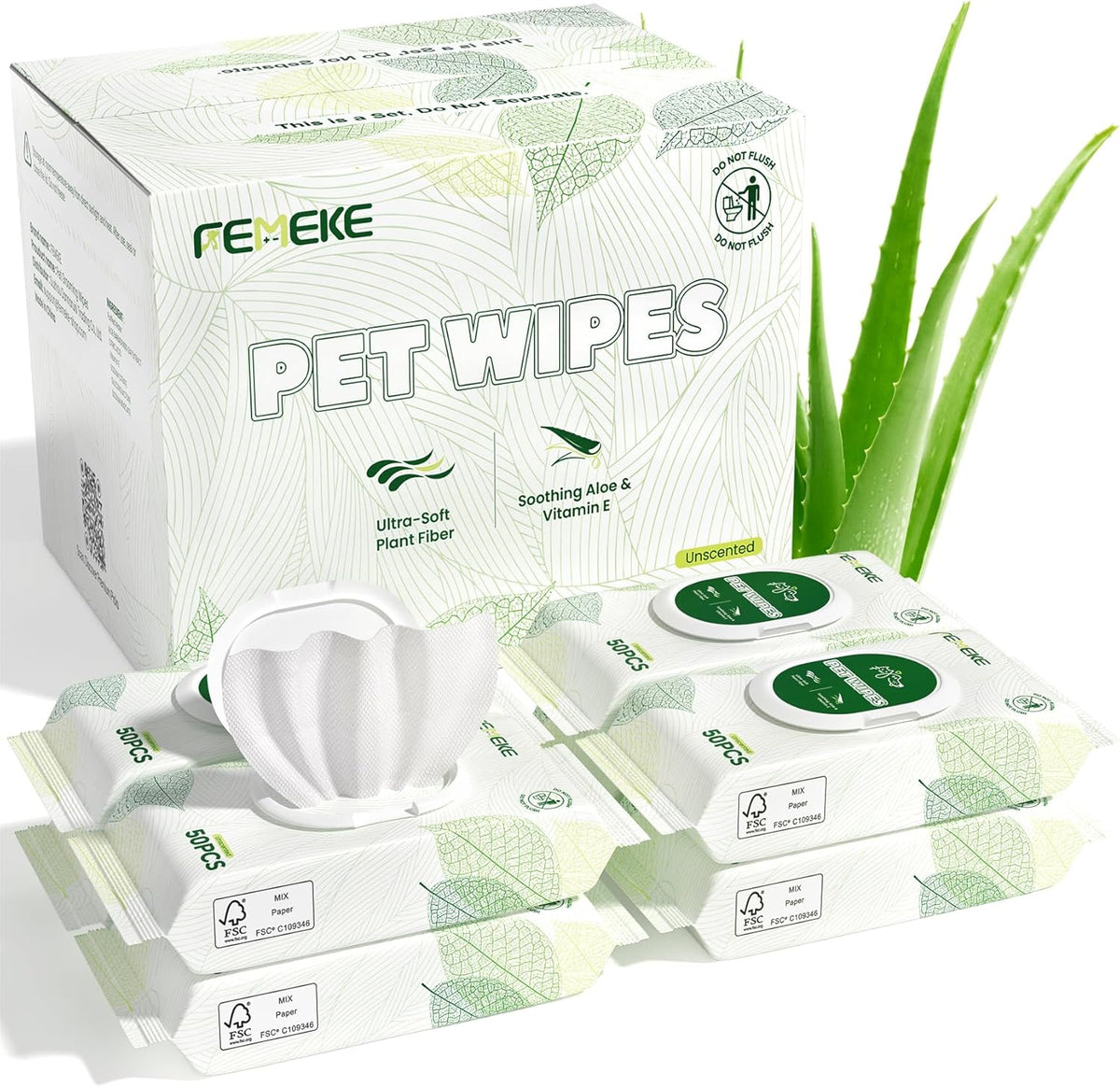 Femeke 200 count pet grooming wipes showing the individual packs and safe ingredients.