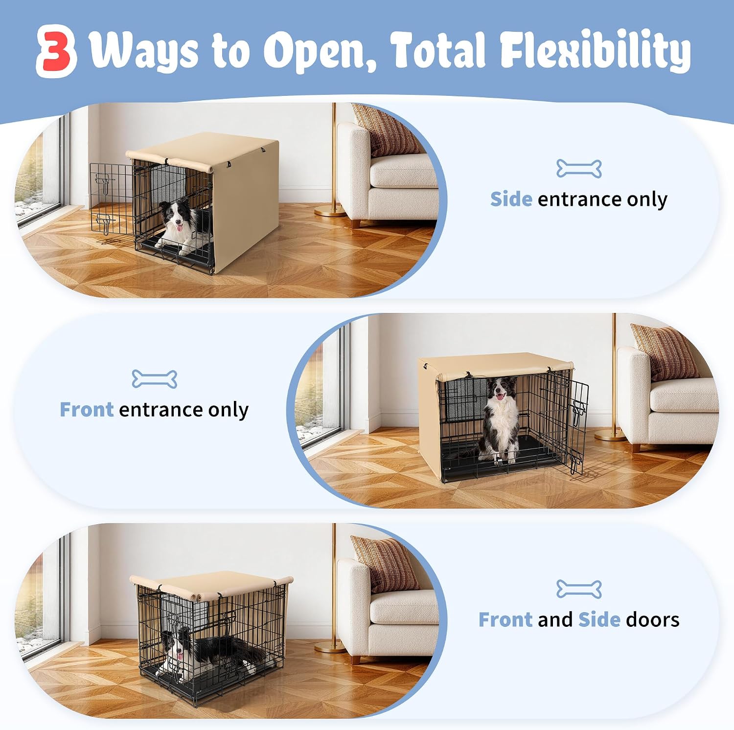 Double door configuration illustration of the beige Akinerri puppy crate covering system.