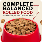 Slicing Redbarn beef dog food roll for portions