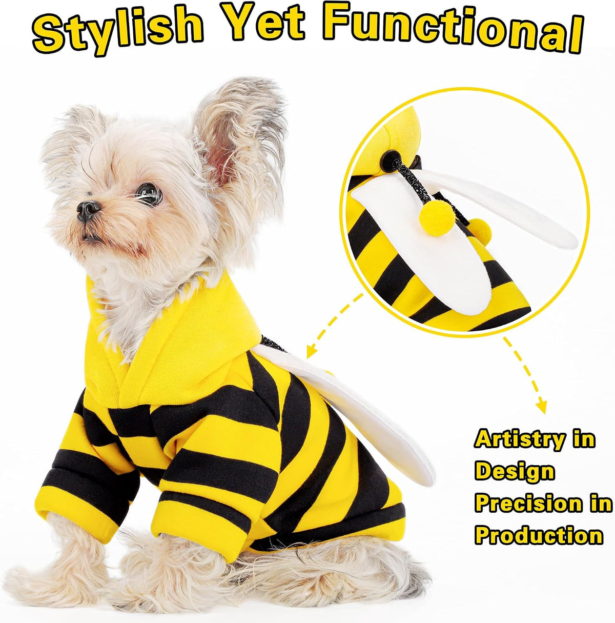 Medium dog wearing the bumblebee apparel during a festive Halloween photoshoot.