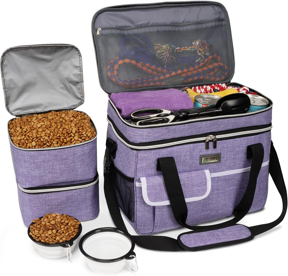 BAGLHER Dog Travel Bag for Supplies - Double-Layer Airline Approved Weekend Pet Travel Organizer Set for Dog and Cat Tote with 2 Pet Food Containers and 2 Collapsible Silicone Bowls Green - Image 14