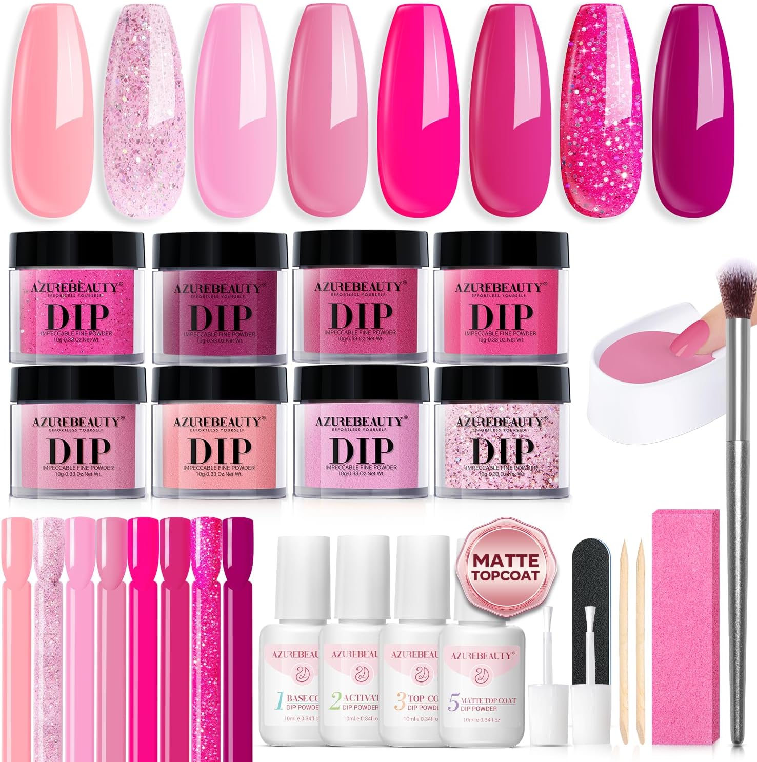 AZUREBEAUTY Dip Powder Nail Starter Kit with Matte Coat, 8 Hot Pink Glitter Neon Summer Color, Dipping Powder Liquid Set with Base/Top Coat/ Activator/10 Nail Sticks Salon at Home Valentine's Day Gift - Image 1