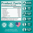 Pet supplement bottle detailing chamomile and valerian root extracts for canine hyperactivity management.