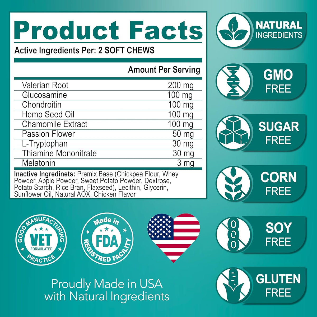 Pet supplement bottle detailing chamomile and valerian root extracts for canine hyperactivity management.