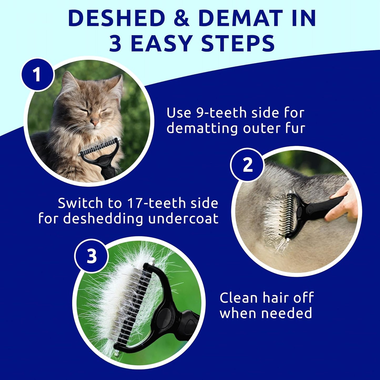 Pat Your Pet cat brush showing 17-teeth deshedding side