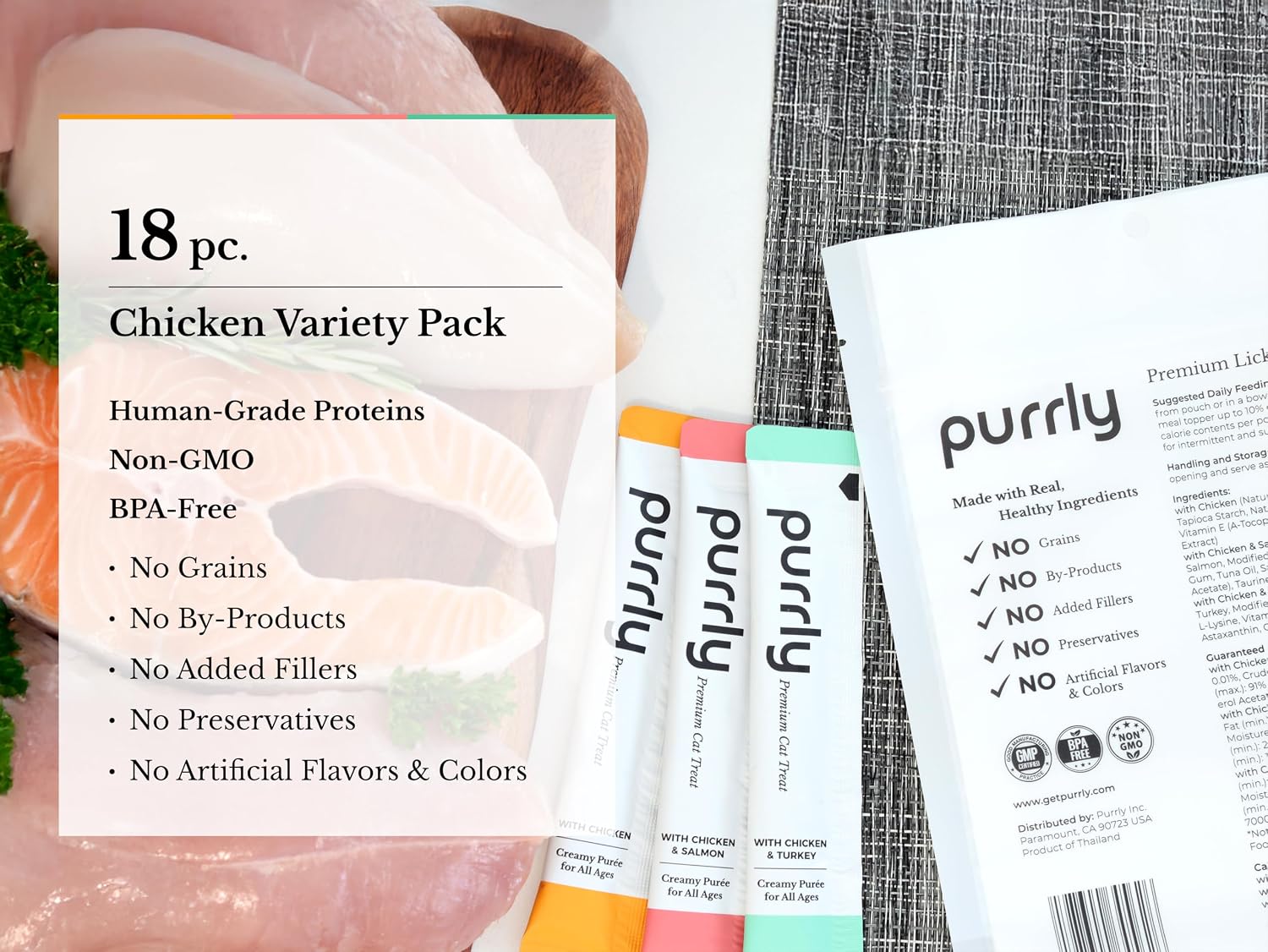 Close up of Purrly chicken variety cat treat packaging