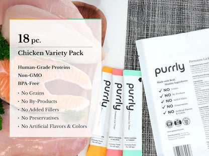 Close up of Purrly chicken variety cat treat packaging