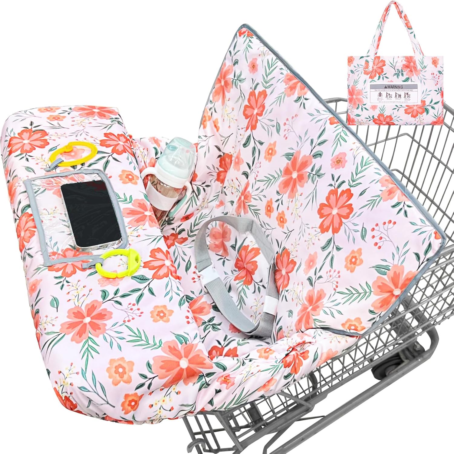 ICOPUCA baby girl shopping cart cover front view displaying white-orange pink flower pattern