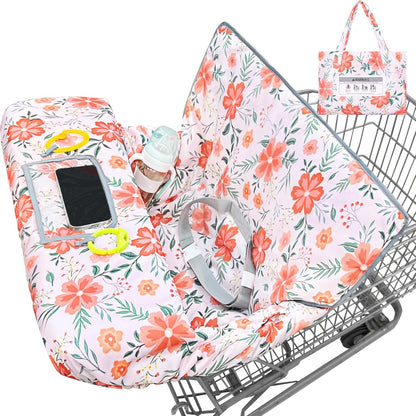 ICOPUCA baby girl shopping cart cover front view displaying white-orange pink flower pattern