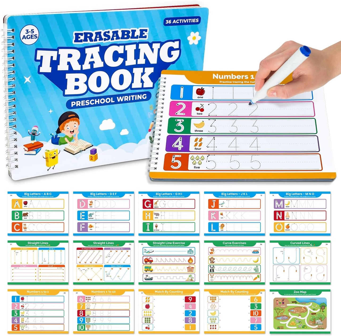 Justification LeftBC Preschool Dry Erase Learning Workbook front view showing reusable alphabet tracing pages.