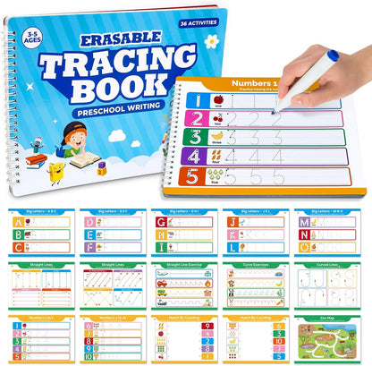 Justification LeftBC Preschool Dry Erase Learning Workbook front view showing reusable alphabet tracing pages.