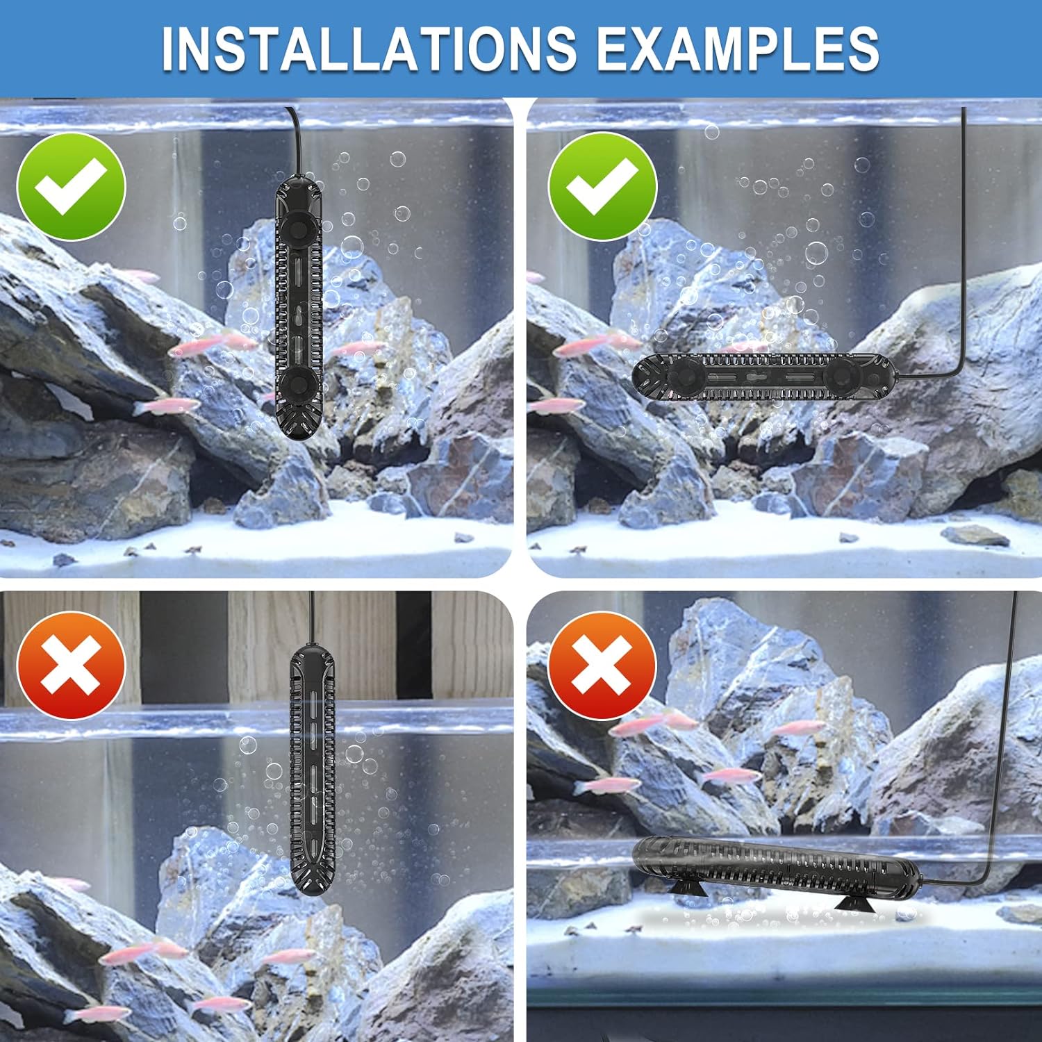Aquarium heater with suction cups mounted on glass surface